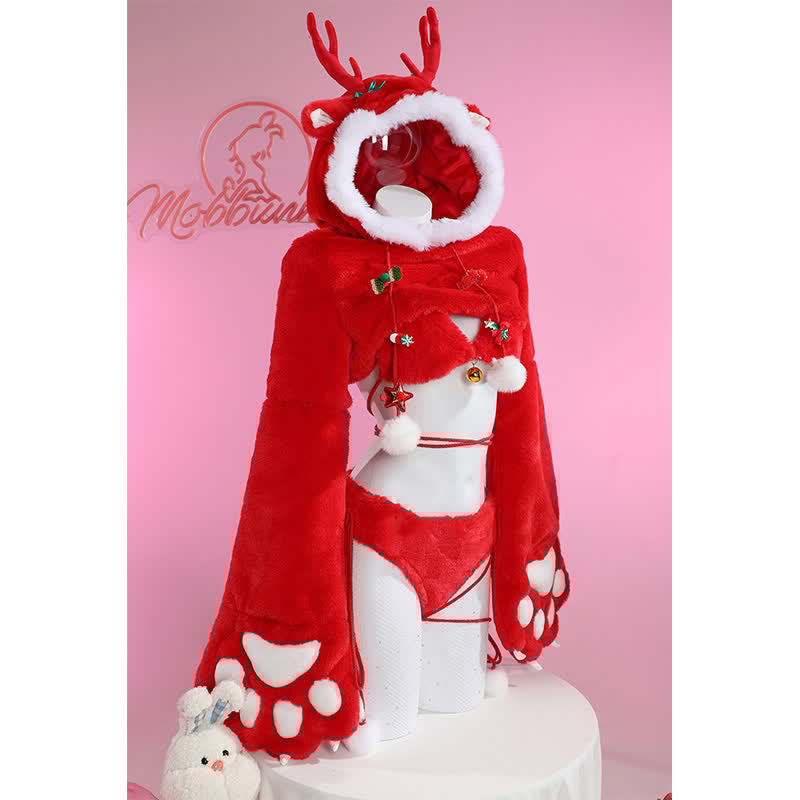 Cosplay Cartoon Deer Paw Hooded Plush Lingerie Set