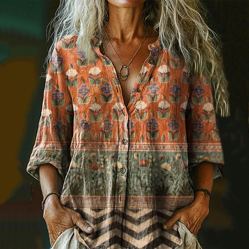 Women's Vintage Floral Collage Art Pattern Print Casual Cotton And Linen Shirt