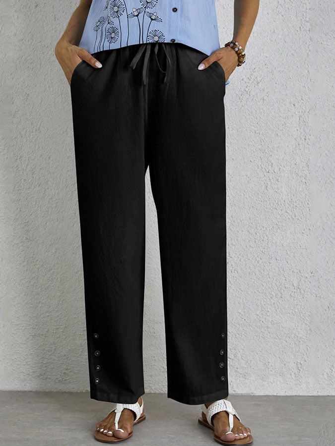 Casual Elegant Lace-Up With Pockets Buttons Lace Side Cotton Linen Trousers