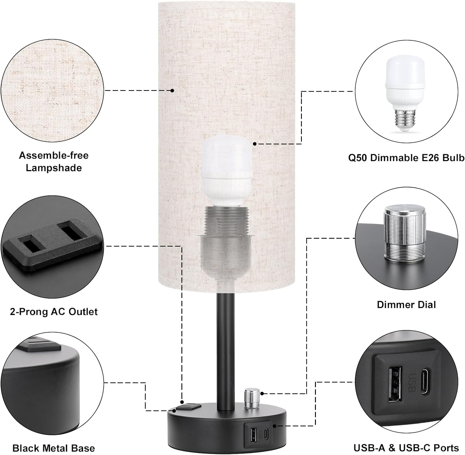 Bedside Table Lamp for Bedroom - 3 Way Dimmable Touch Lamp USB C Charging Ports and AC Outlet, Small Lamp Wood Base Round Flaxen Fabric Shade for Living Room, Desk, LED Bulb Included