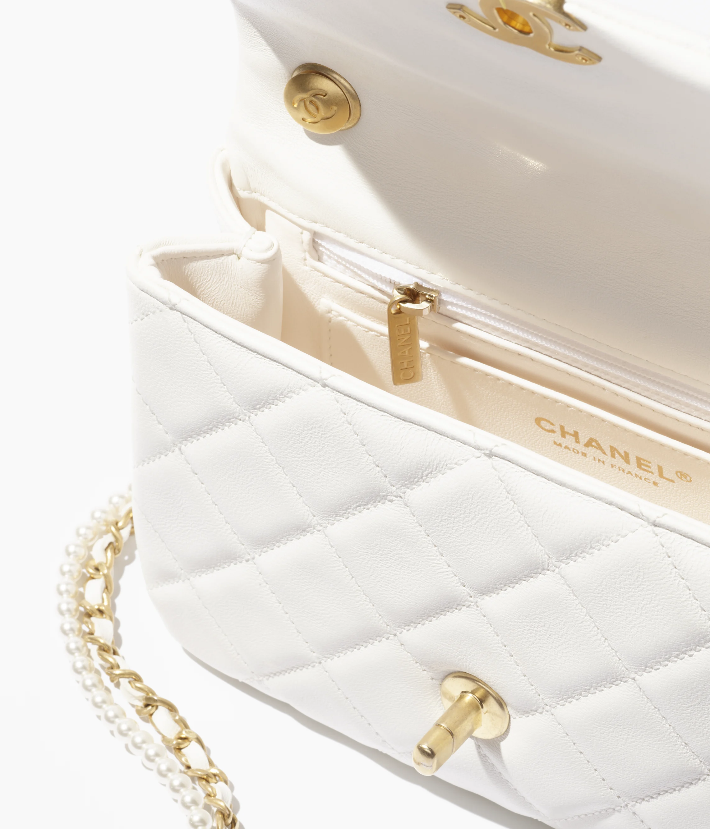 Chanel Mini Flap Bag Shiny Lambskin, Imitation Pearls & Gold-Tone Metal White AS5352-B19384-10601