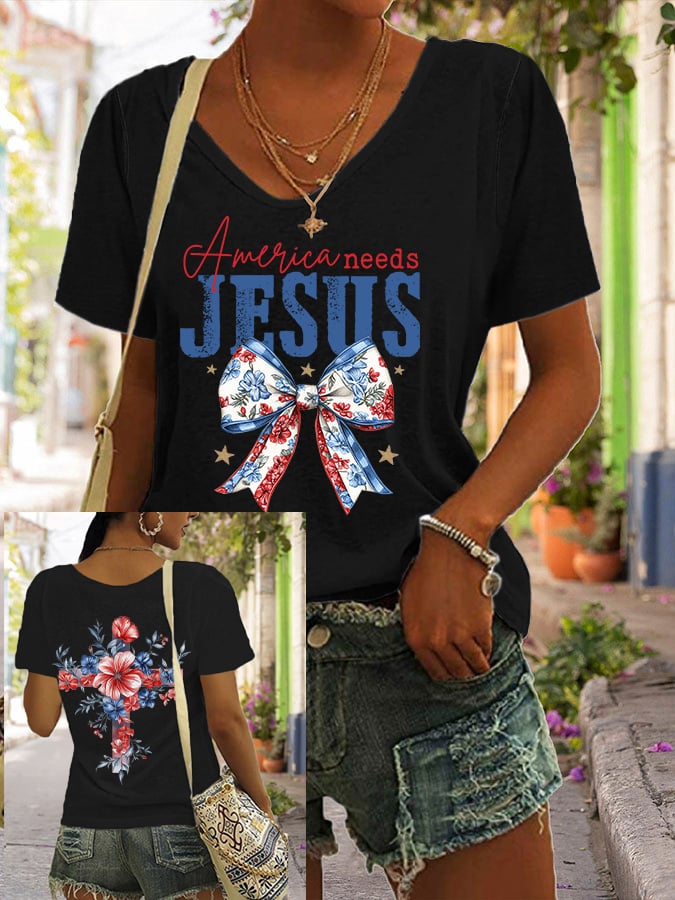 Women's America Needs Jesus Print V Neck Casual T-Shirt