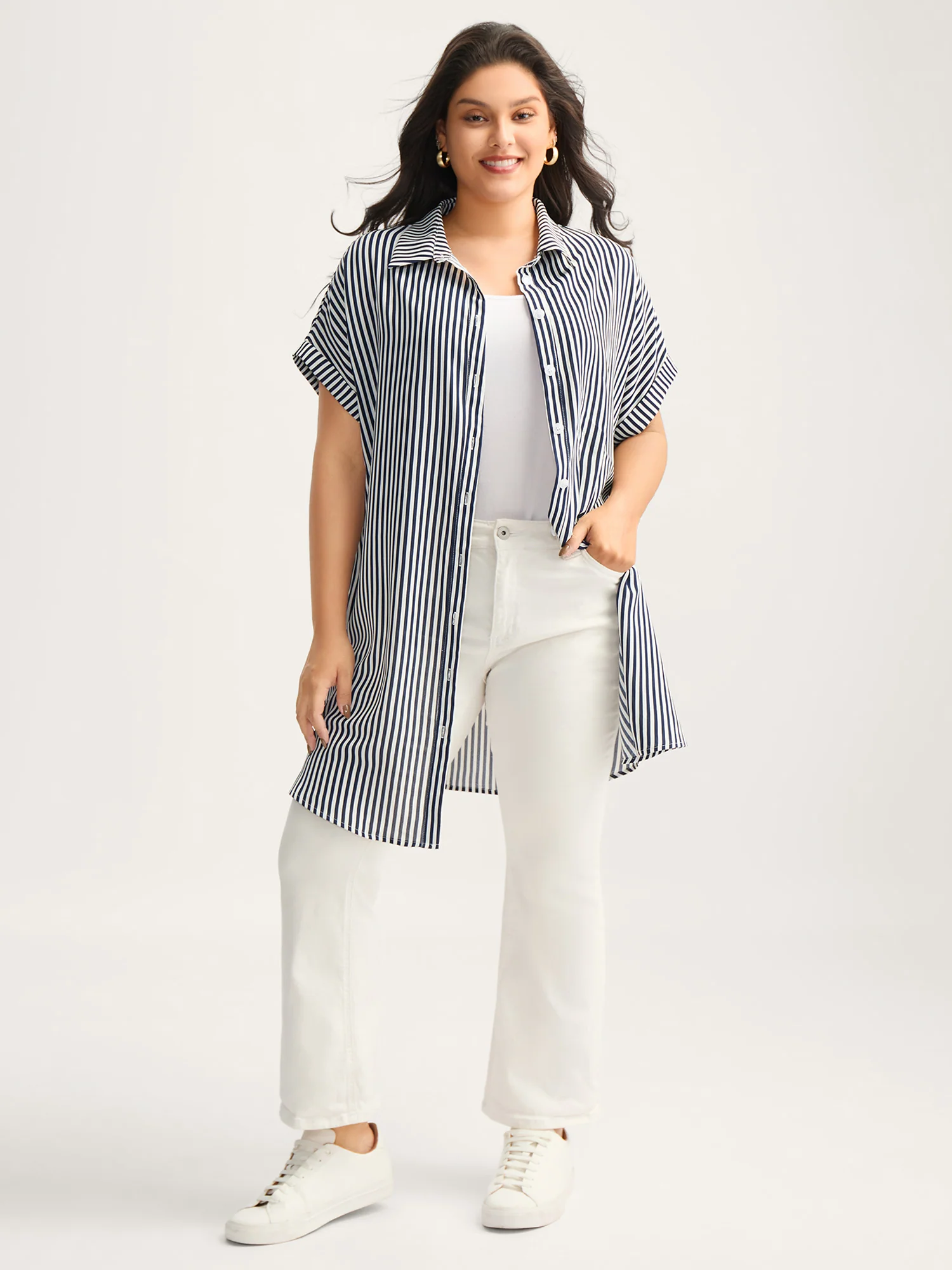 Striped Button-Front Tunic Blouse