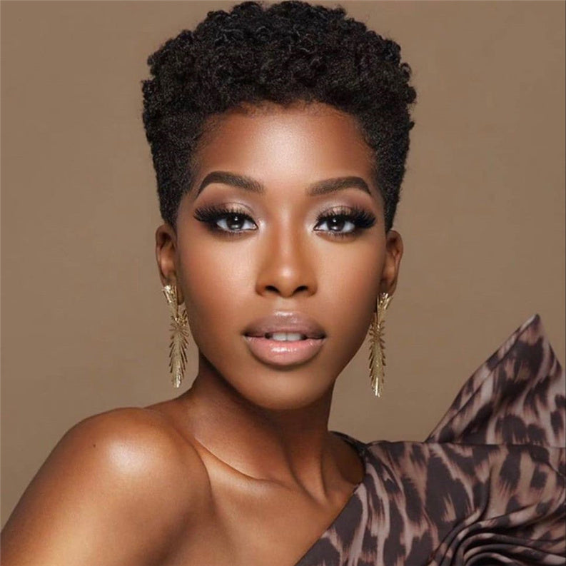 Lunawigs Short Afro Kinky Curly Hair Wig without Bangs