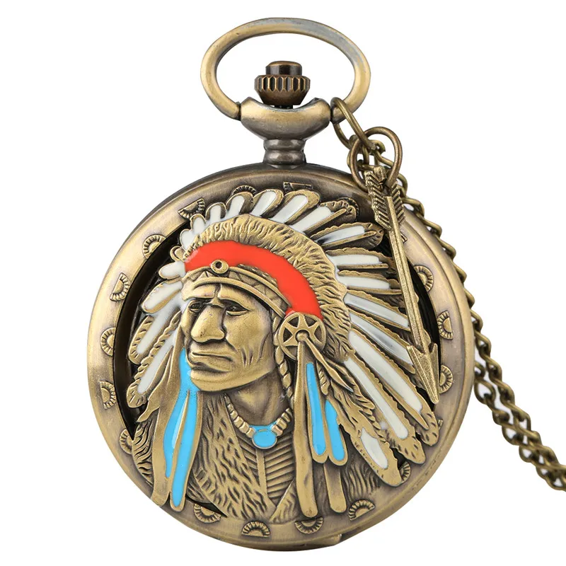 Old Fashion Indian Man Design Arabic Number Quartz Pocket Watch for Men Women Necklace Chain Pendant Arrow Gadget Reloj