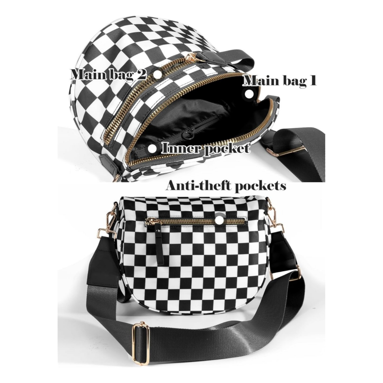 💥ON SALE💥Black and White Checkered Crossbody Nylon Bum Bag Plus Size Friendly Fanny Pack
