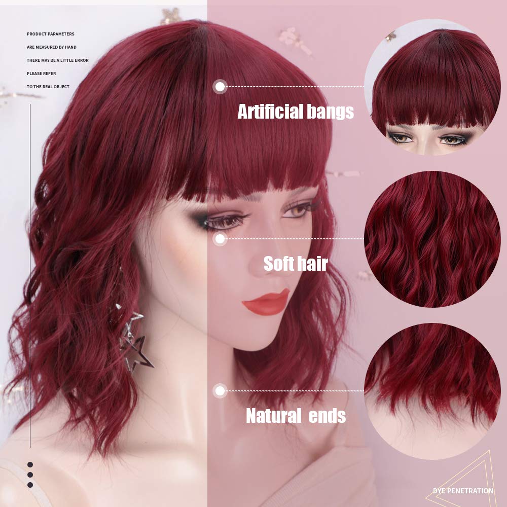 Luna Wine Red Women Bob Curly Wigs with Bangs Natural Looking Heat Resistant Fiber Hair for Women