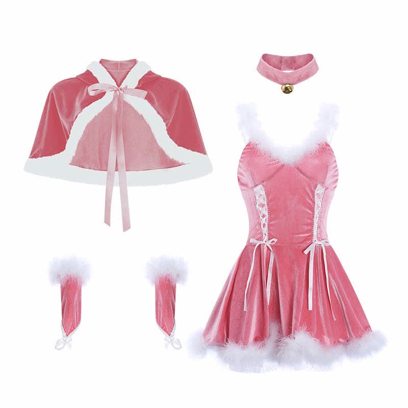 Sexy Lace Up Plush Slip Dress With Bunny Hooded Cloak