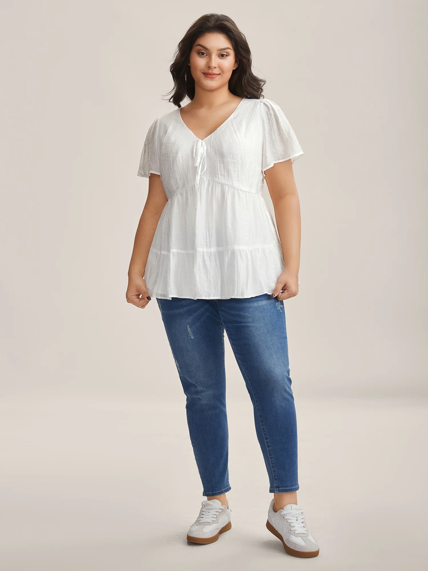 Sheer V-Neck Tie Tiered Blouse