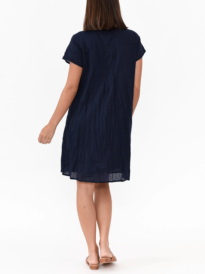 Women's Pleated Button Design Cotton And Linen Dress