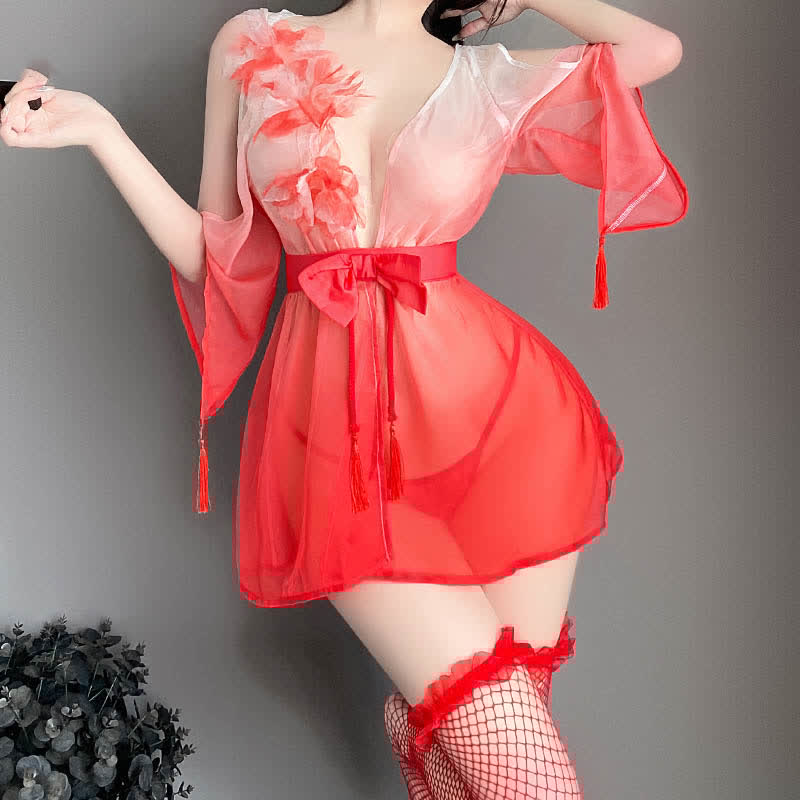 3D Flower Decor Colorblock Vintage Kimono Lingerie Set