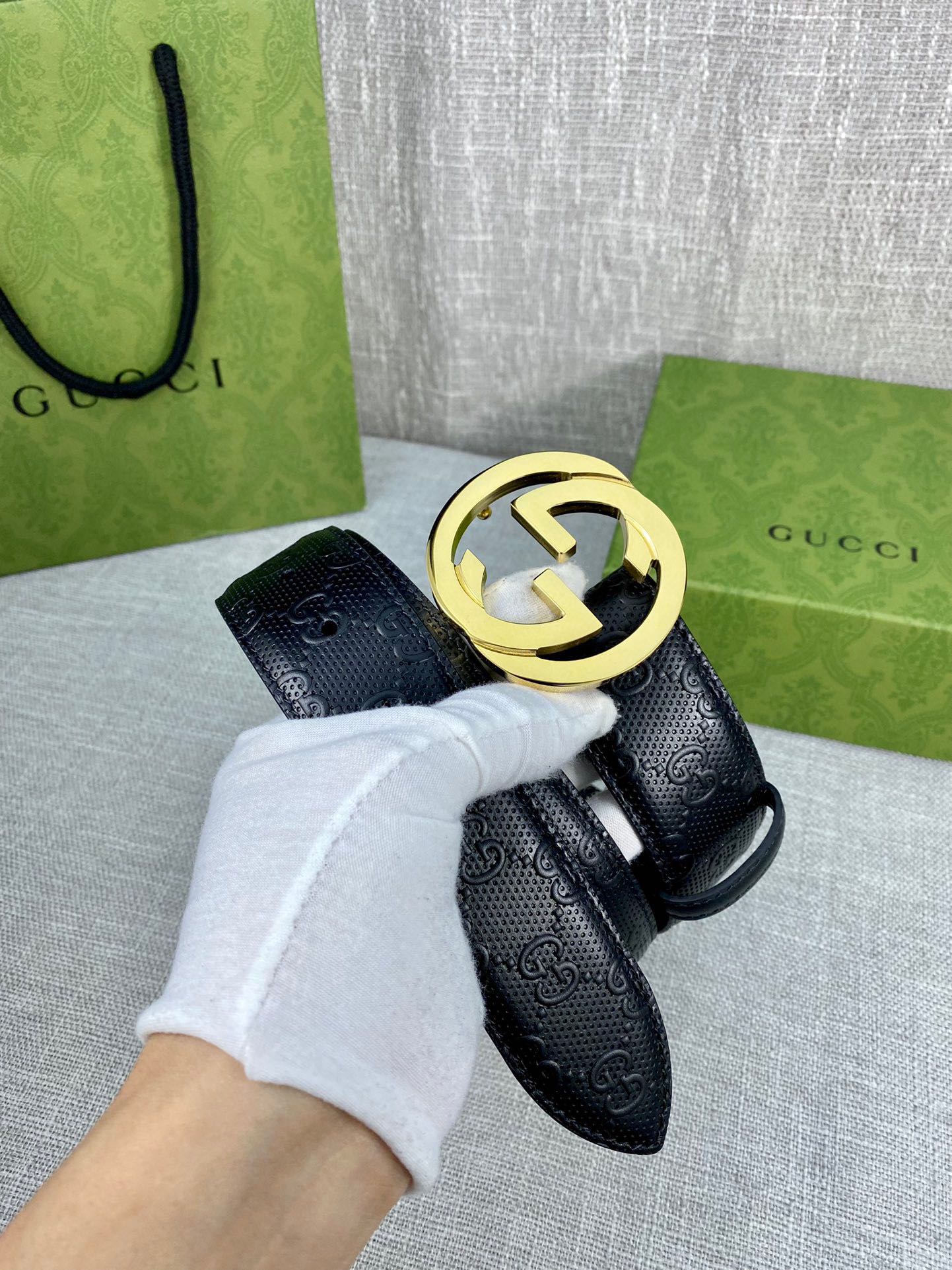 Gucci black embossed leather belt width 4.0CM