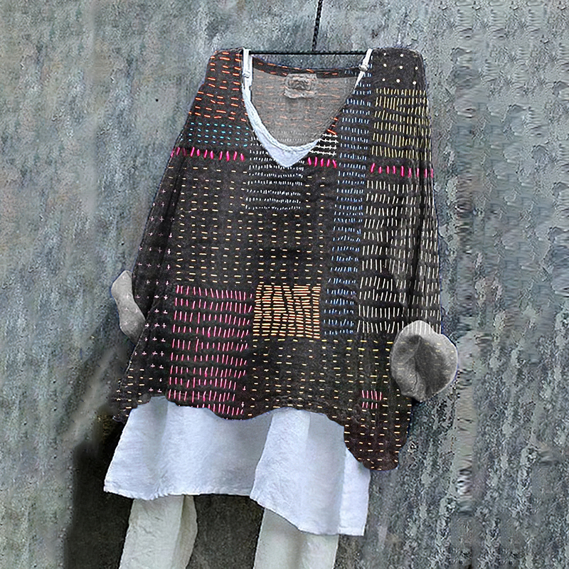 Women's Japanese Style Stitch Art Pattern Vintage Linen Shirt