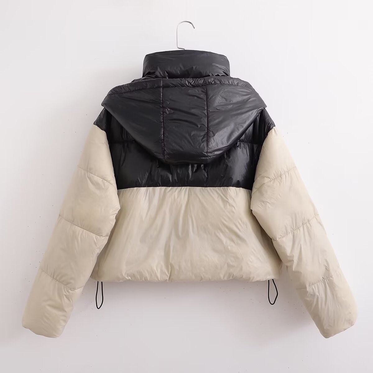Women Clothing Thick Contrast Color Hooded Cotton Coat Winter Short Western Cotton Padded Jacket