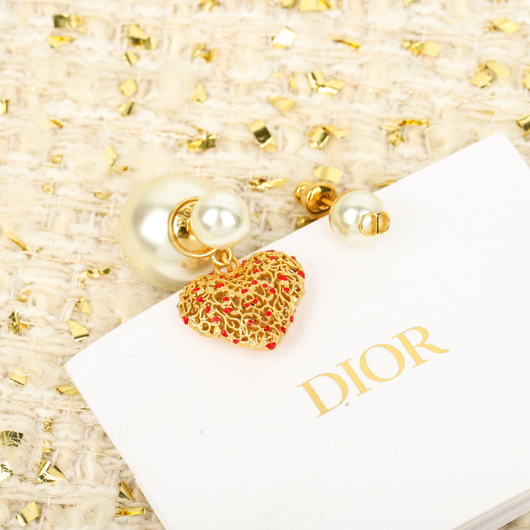 Dior Limited Edition Hollow Heart Pearl Earrings
