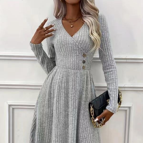 Autumn and winter fashion temperament solid color v-neck stitching sweater dress