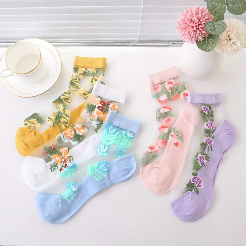 ( Last Day Promotions-50% OFF) 5pairs/Set Floral Embroidery Lace Ankle Socks--Size Fit ALL Ldies and Girls
