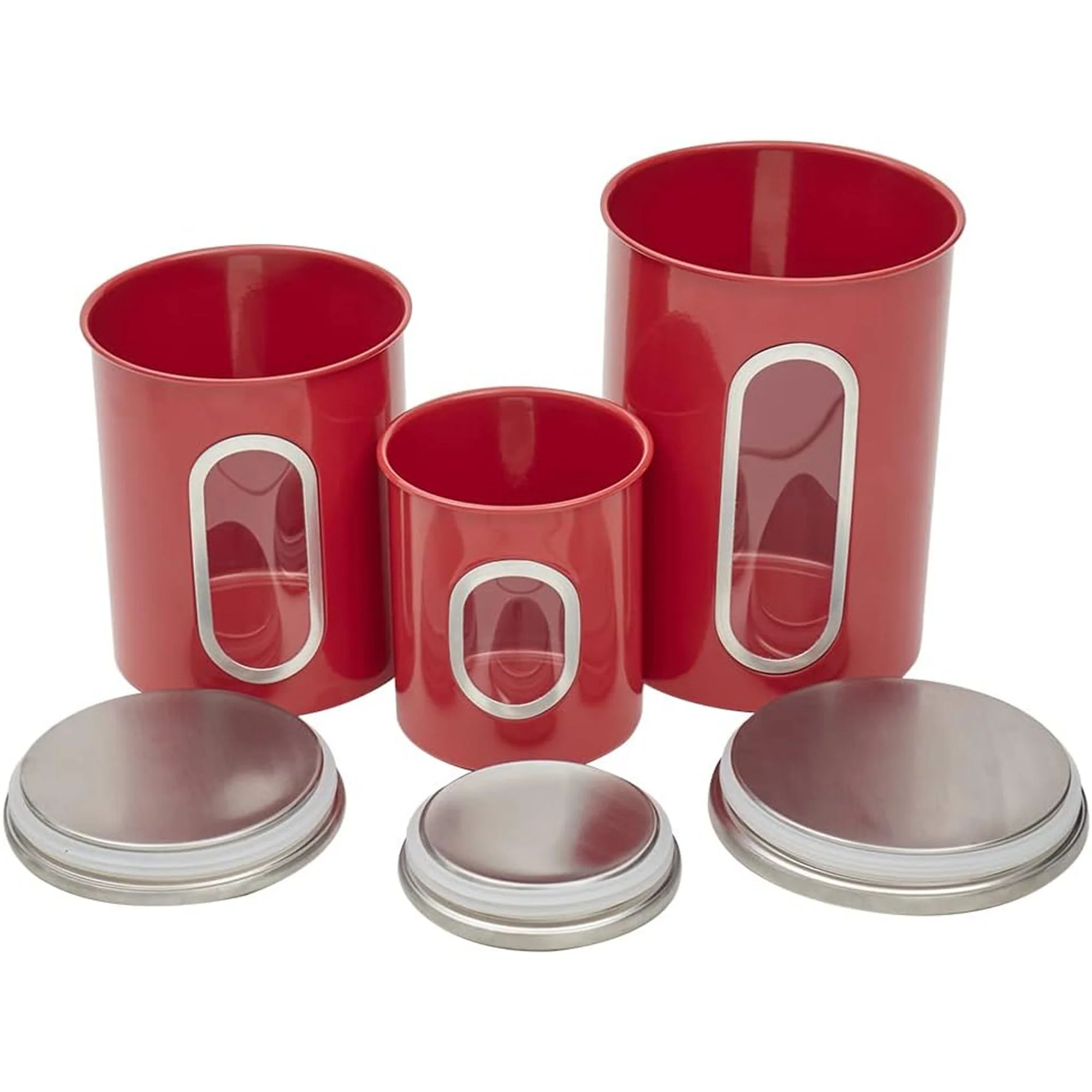 Home Basics 3 Piece Stainless Steel Top Canisters with Windows, Red