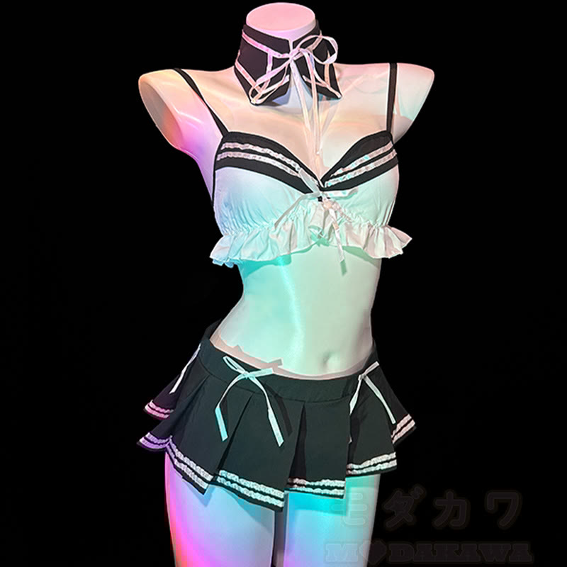 School Uniform Bow Stripe Lingerie Set