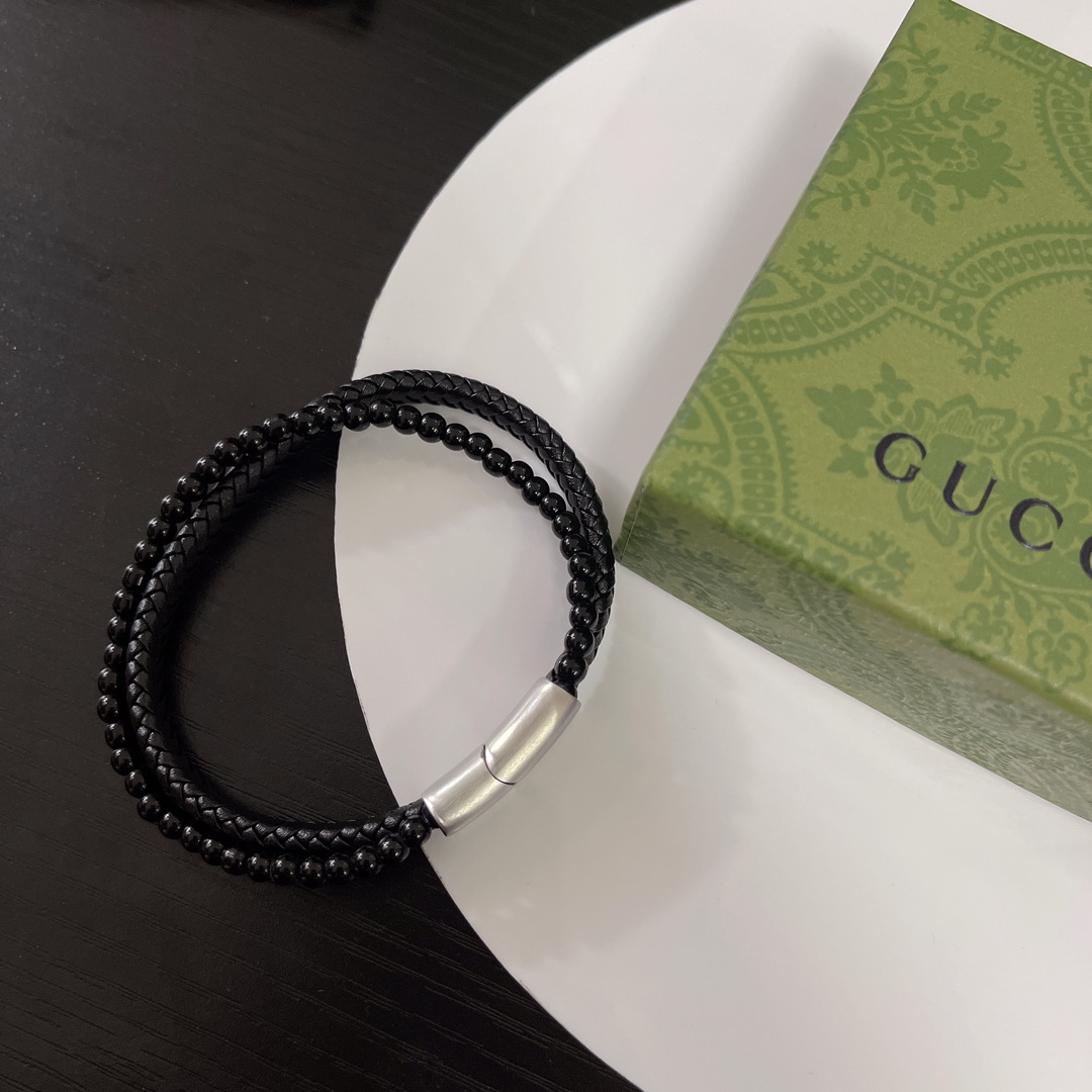Gucci Braided Leather & Black Beads Bracelet
