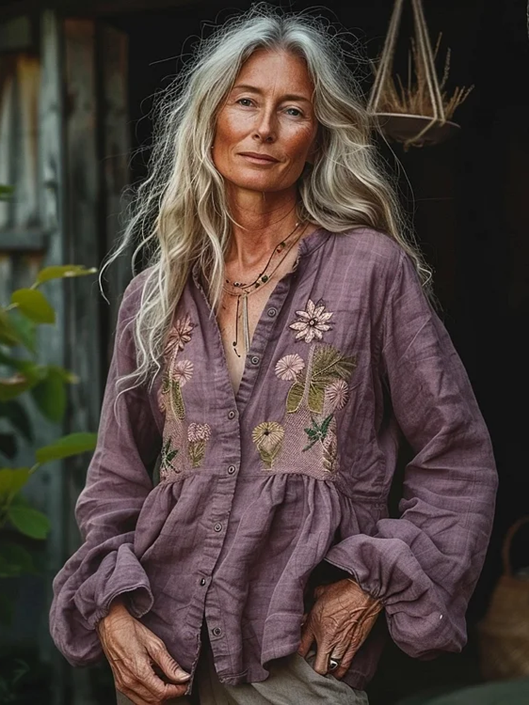 Bohemian Style Linen Floral Art Print  Long Sleeve Shirt