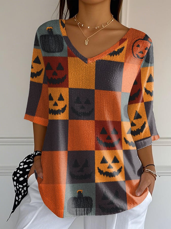 🔥Buy 3 Get 10% Off🔥Women's Pumpkin Patchwork Art Print Casual V-Neck Top