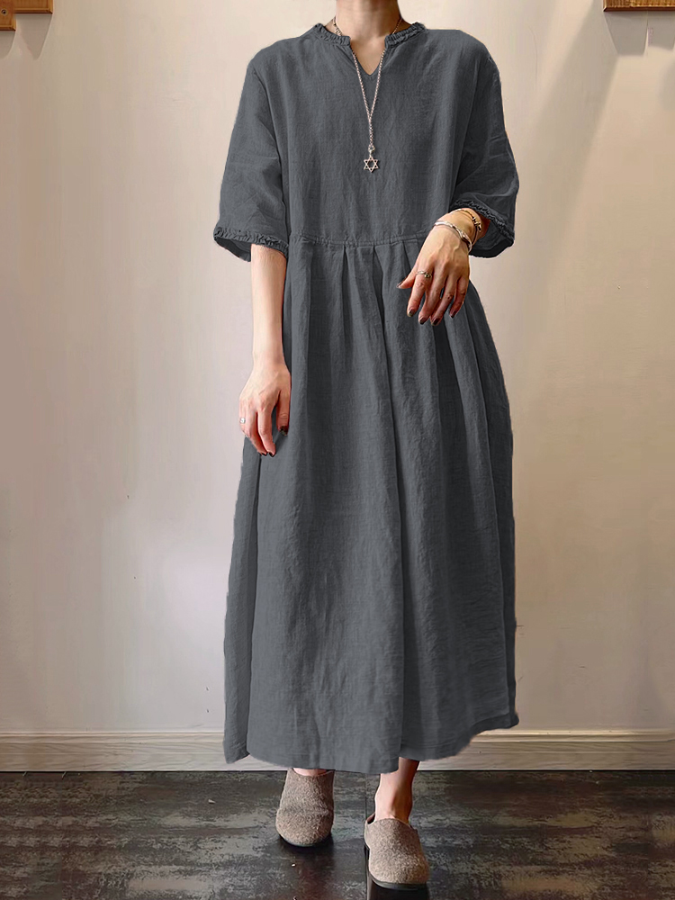 Elegant V Neck Short Sleeve Pleated Maxi Dress