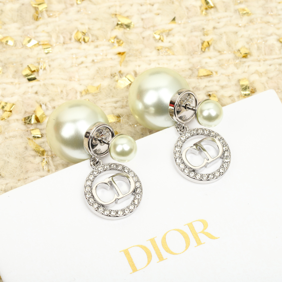 Dior Round Crystal CD Double Ball Pearl Earrings