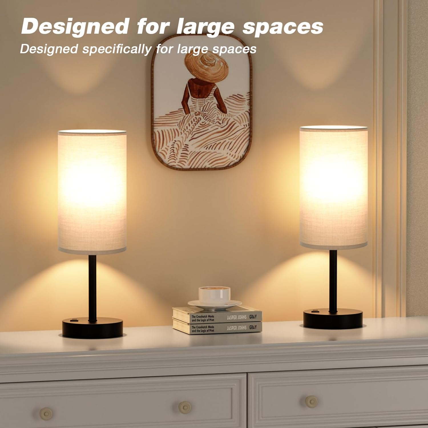 Bedside Table Lamp for Bedroom - 3 Way Dimmable Touch Lamp USB C Charging Ports and AC Outlet, Small Lamp Wood Base Round Flaxen Fabric Shade for Living Room, Desk, LED Bulb Included