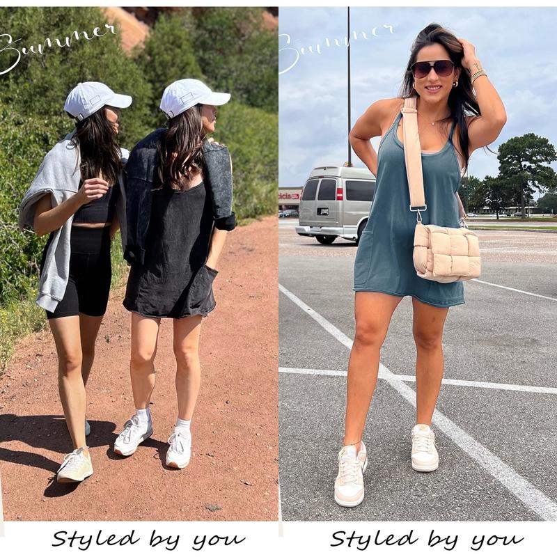 🔥🔥Women's Athletic Sleeveless Mini Dress with Built-in Shorts V Neck Spaghetti Strap Short Tennis Dress with Pockets