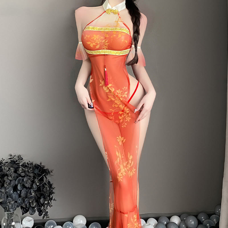 Vintage See-through Tassel Cheongsam Lingerie Dress