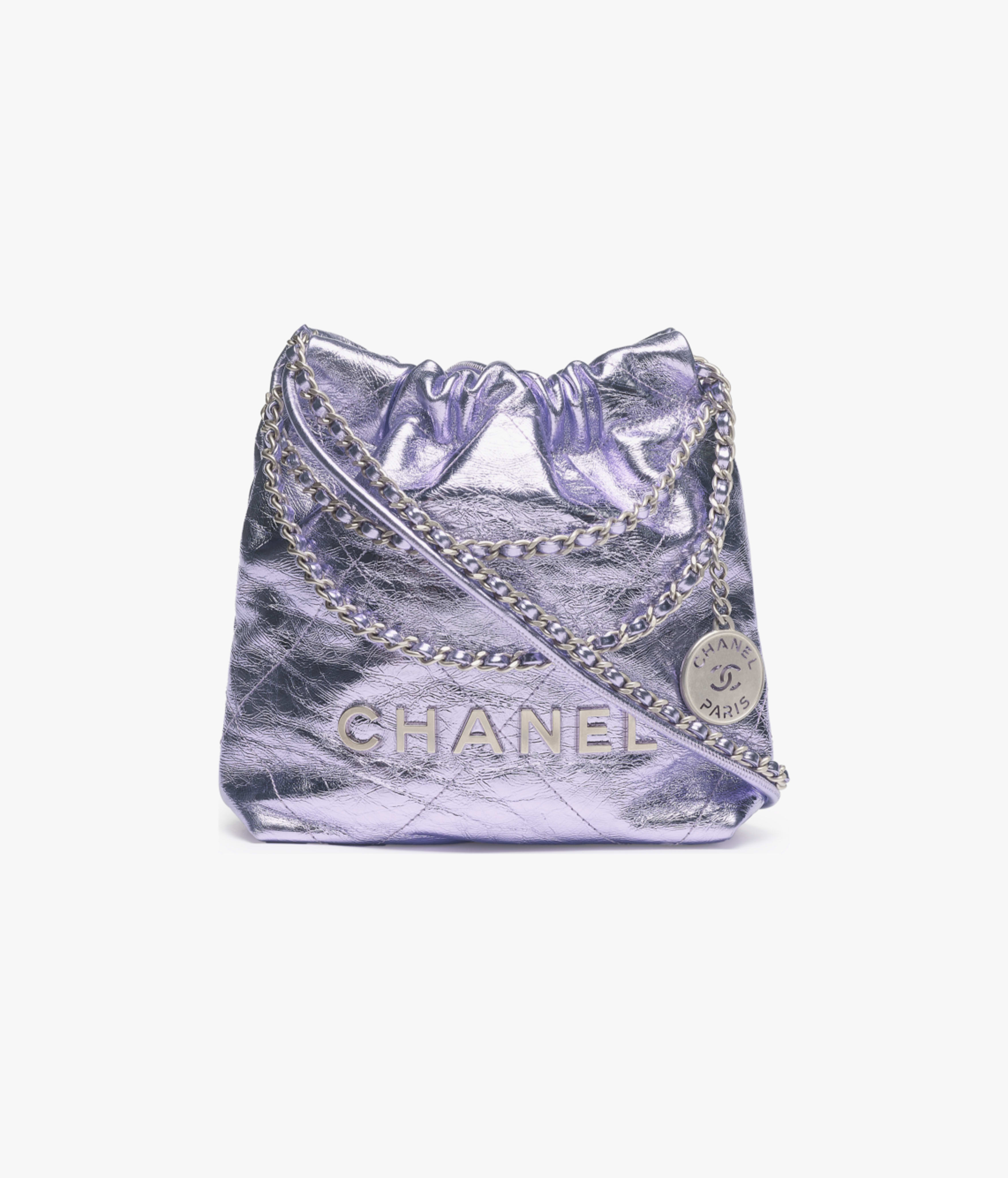 CHANEL 22 Mini Handbag Metallic Calfskin & Silver-Tone Metal Lilac AS3980-B18804-NABJZ