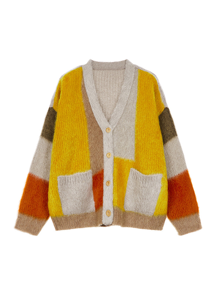 Lazy Wind Match Color Knitted Coat: Loose V-neck Fashion Mid-length Sweater Cardigan for Women