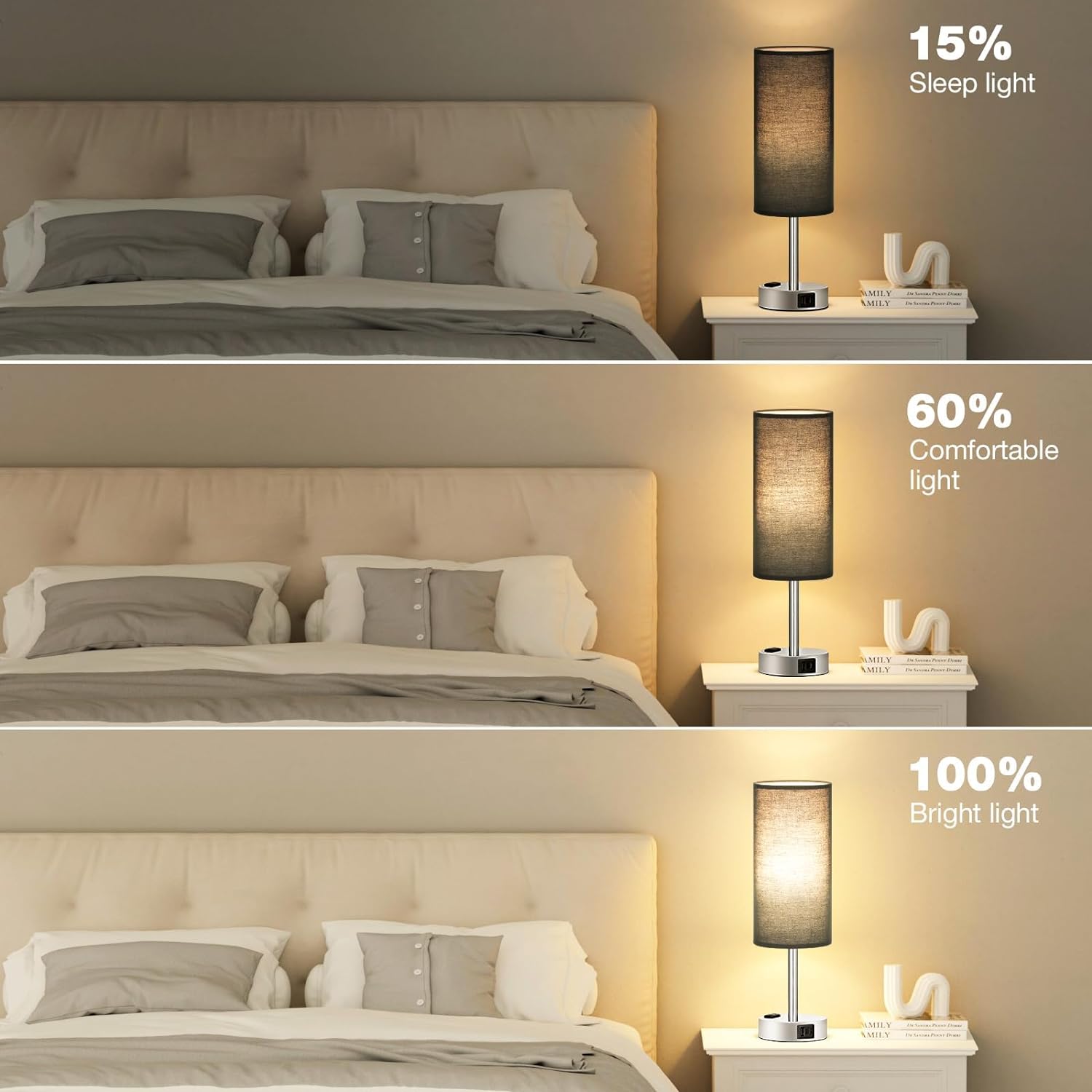 Bedside Table Lamp for Bedroom - 3 Way Dimmable Touch Lamp USB C Charging Ports and AC Outlet, Small Lamp Wood Base Round Flaxen Fabric Shade for Living Room, Desk, LED Bulb Included