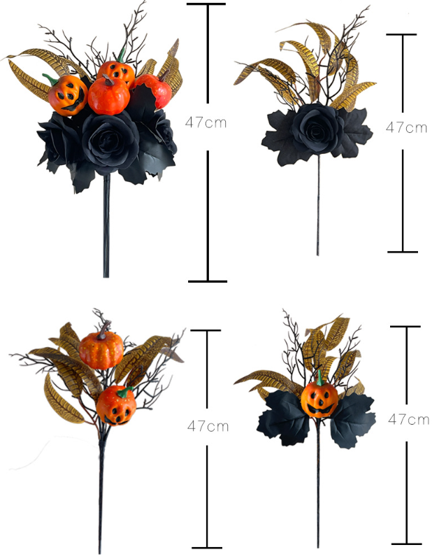 🏆Flash Sale⚡Artificial Fall Flowers-Halloween Pumpkin Bunch with Black Maple Leaves,Rose,Feathers- UV resistant, Waterproof, Windproof