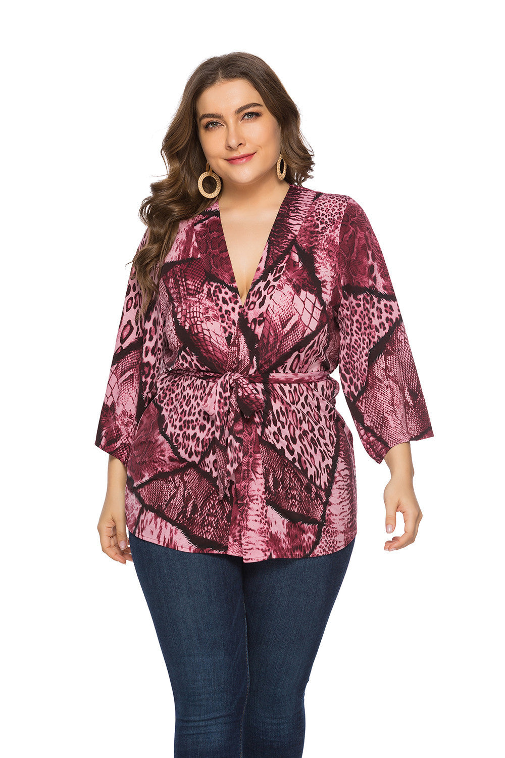 Plus Size Women Spring Autumn Loose Snake Pattern Lace Up Top