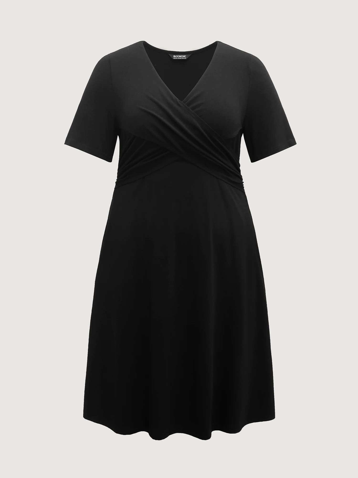 Overlap Bodice Solid Knit Pockets Midi Dress