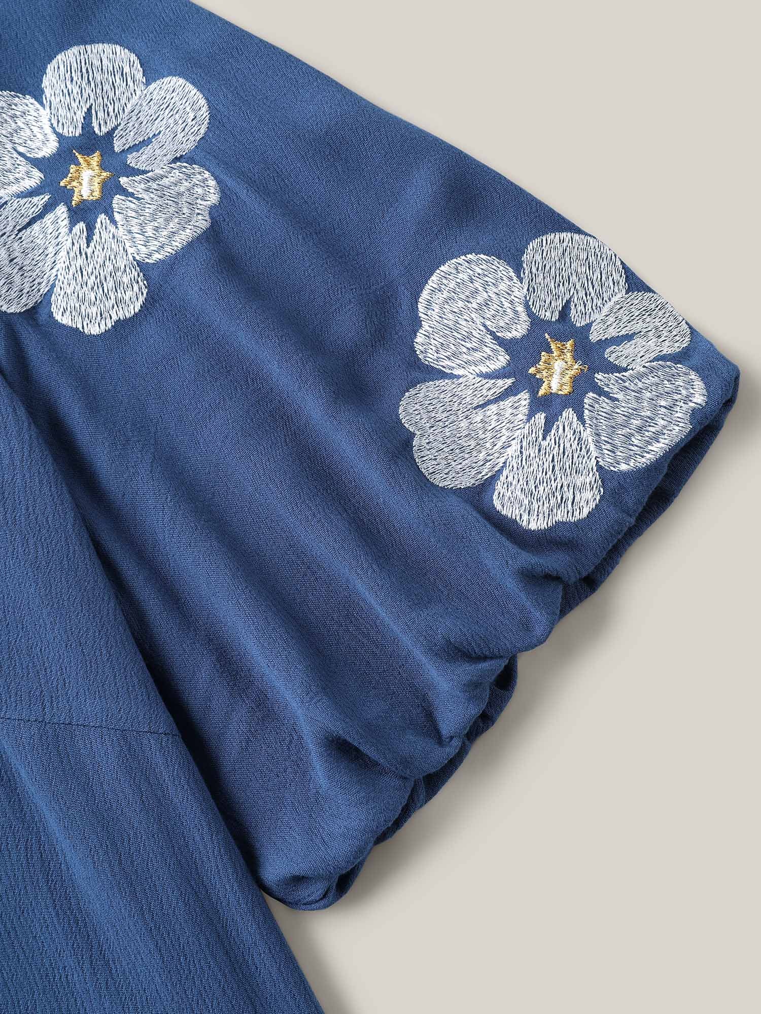 Floral Embroidery Textured Neck Tie Blouse