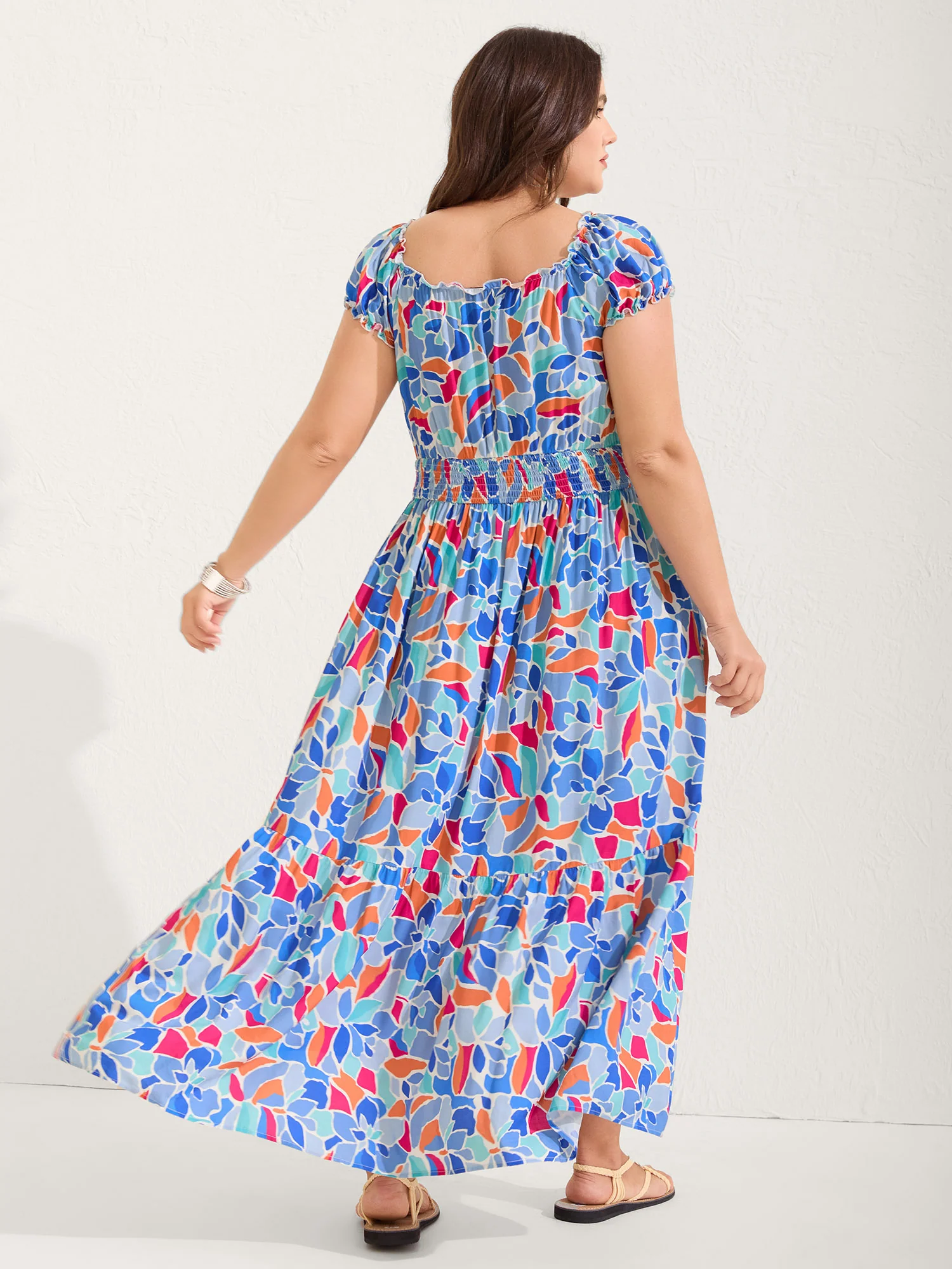Floral Abstract Shirred Waist Midi Dress