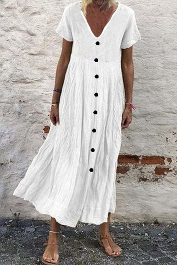 Solid Color Cotton Linen V-Neck Button Midi Dress