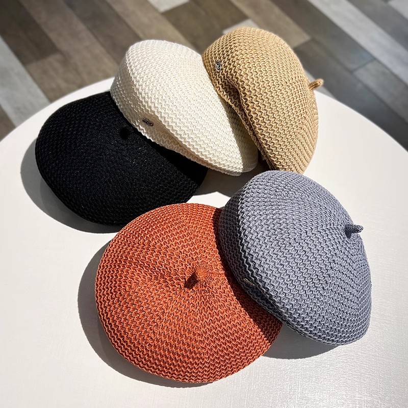 New Japanese styling hollowed out beret ladies temperament small breathable thin mesh painter hat black hat