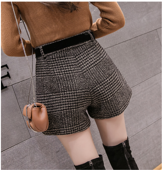 High Waist Wool Plaid Wide Leg Shorts