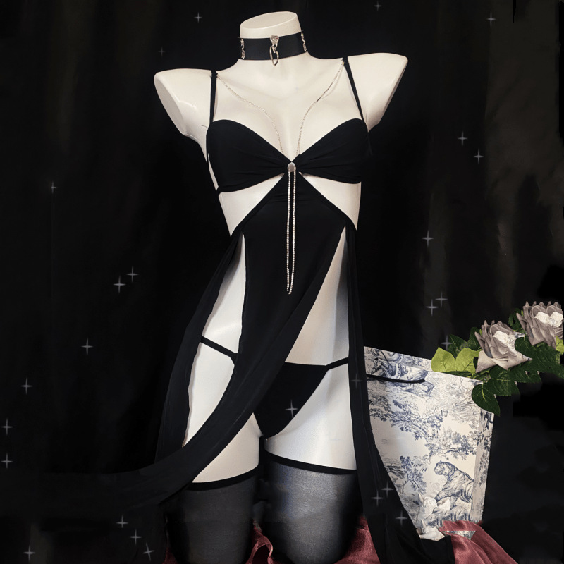 Mesh Chain Backless Slit Lingerie Dress