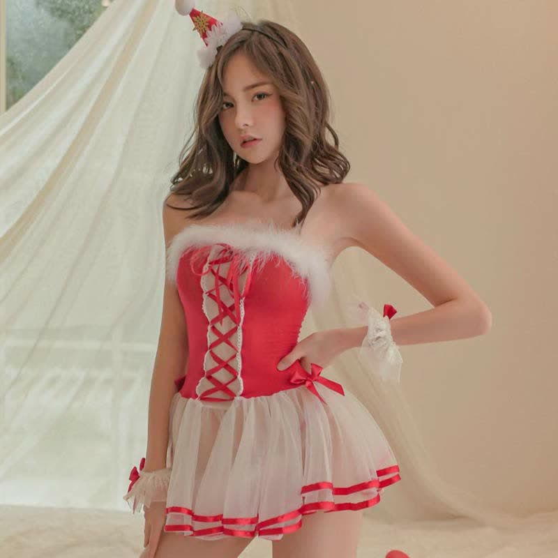 Lace Up Colorblock Ruffled Mesh Dress Lingerie Stockings Set