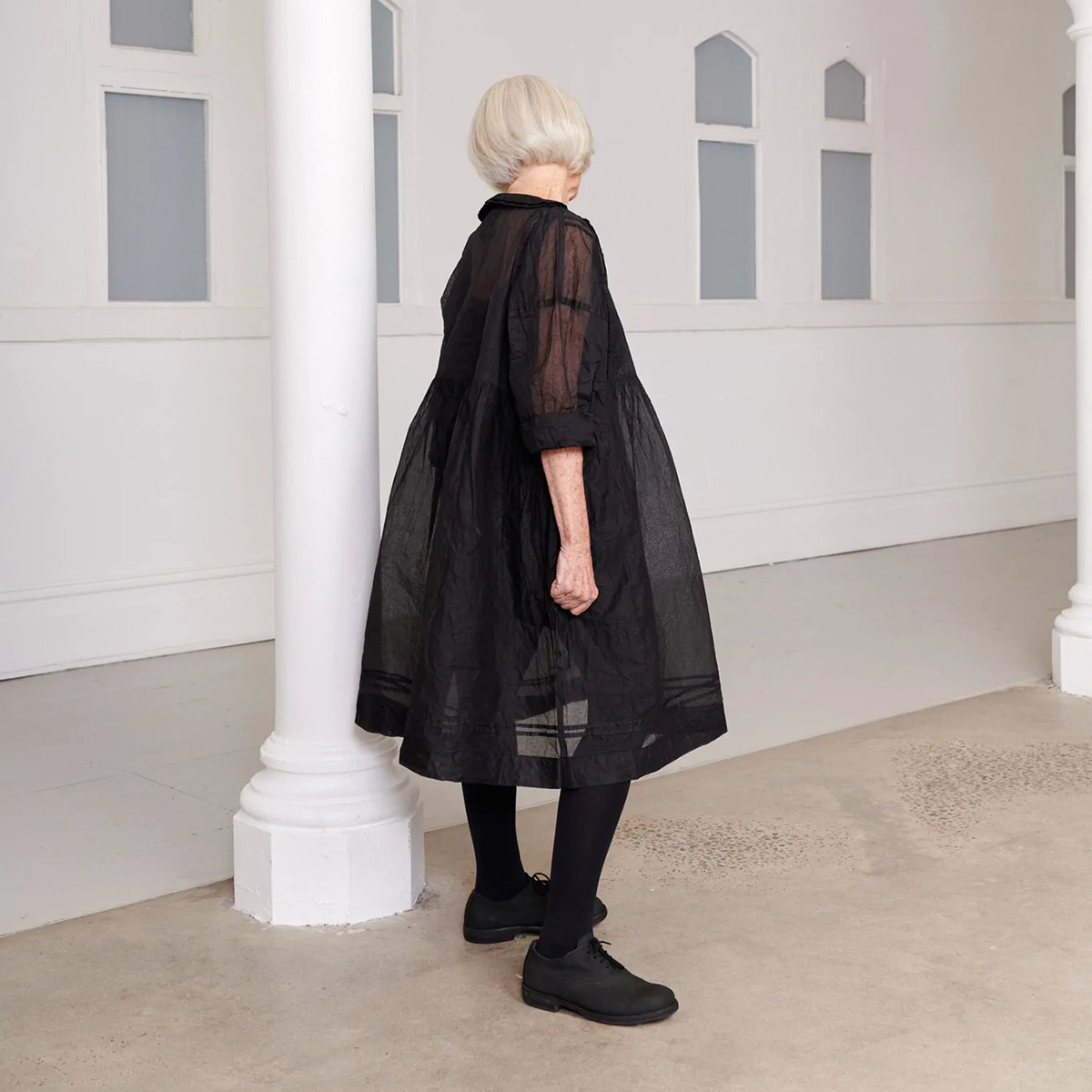 Solid Button Neck Loose Swing Mini Dress