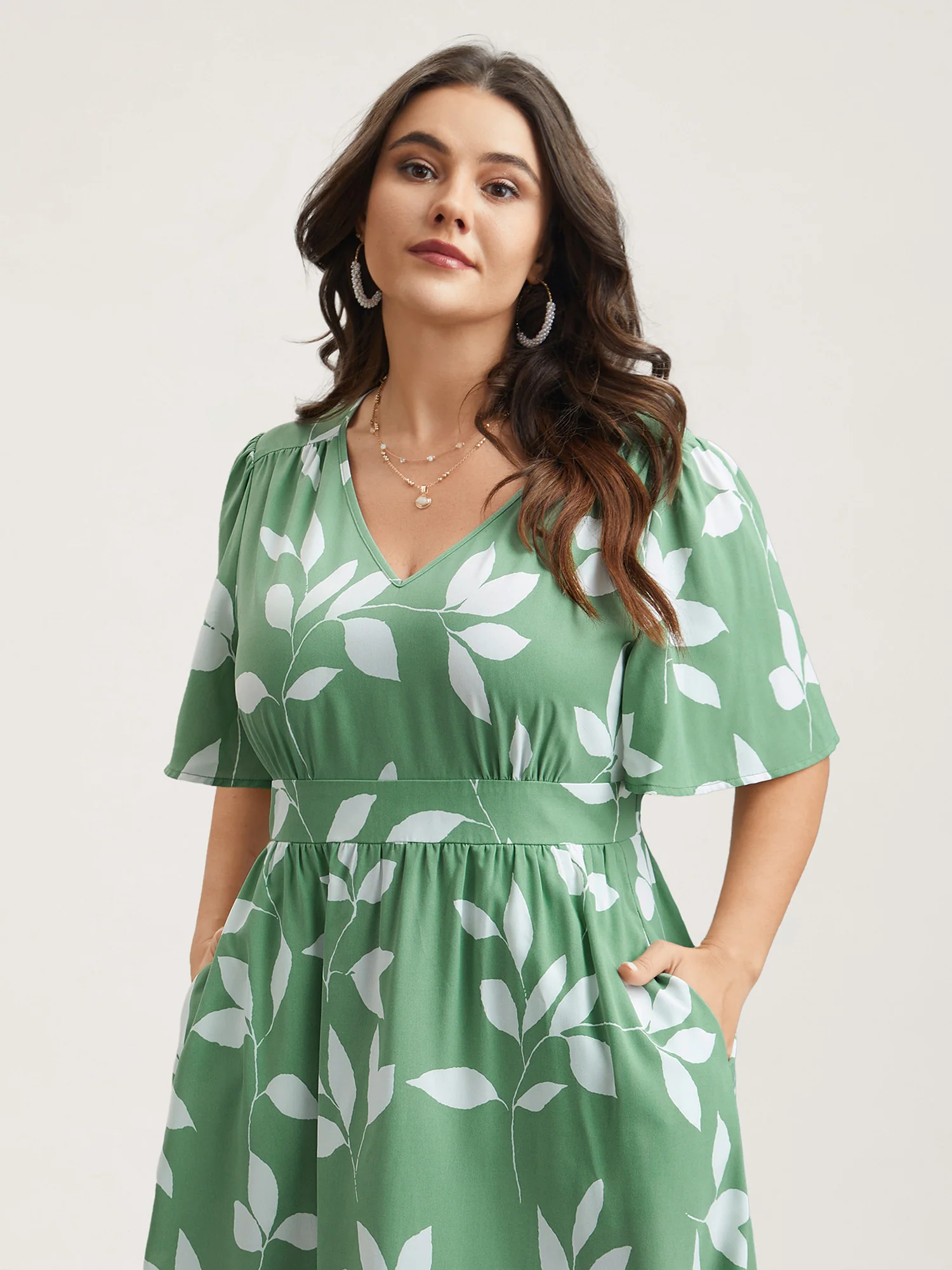 Leaf Print Waist-Cinched Flared Maxi Dress