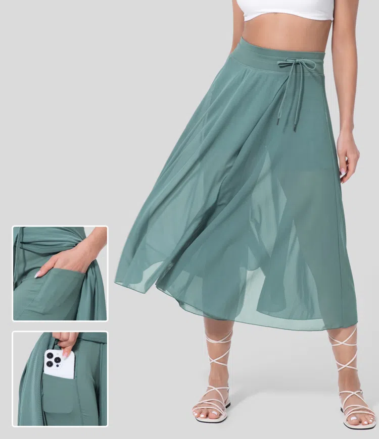 ON SALE🔥High Waisted Drawstring Contrast Mesh 2-in-1 Side Pocket Flowy Midi Flare Casual Skirt