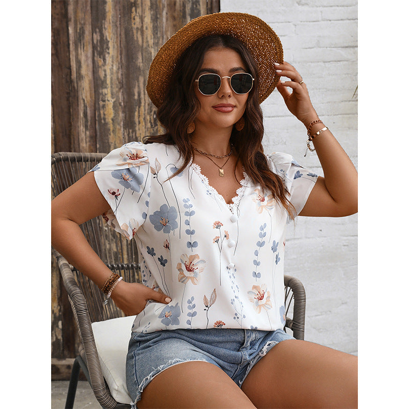Plus Size Summer V neck Lace Stitching Printing Shirt Loose Women Clothing