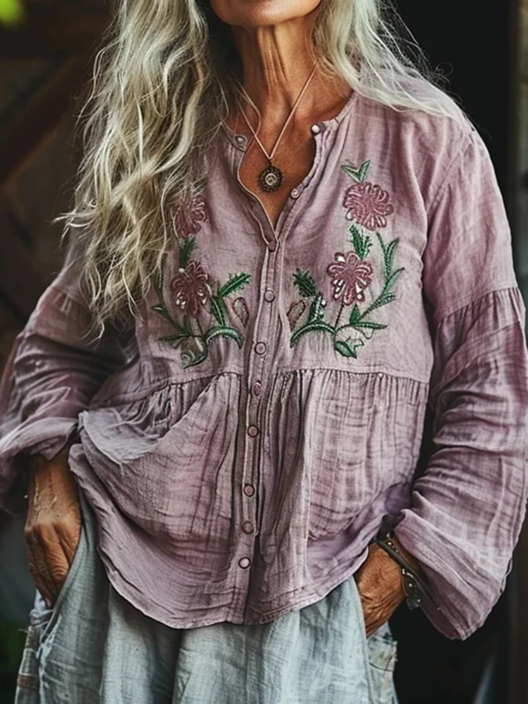 Bohemian Style Linen Floral Art Print Long Sleeve Loose  Shirt