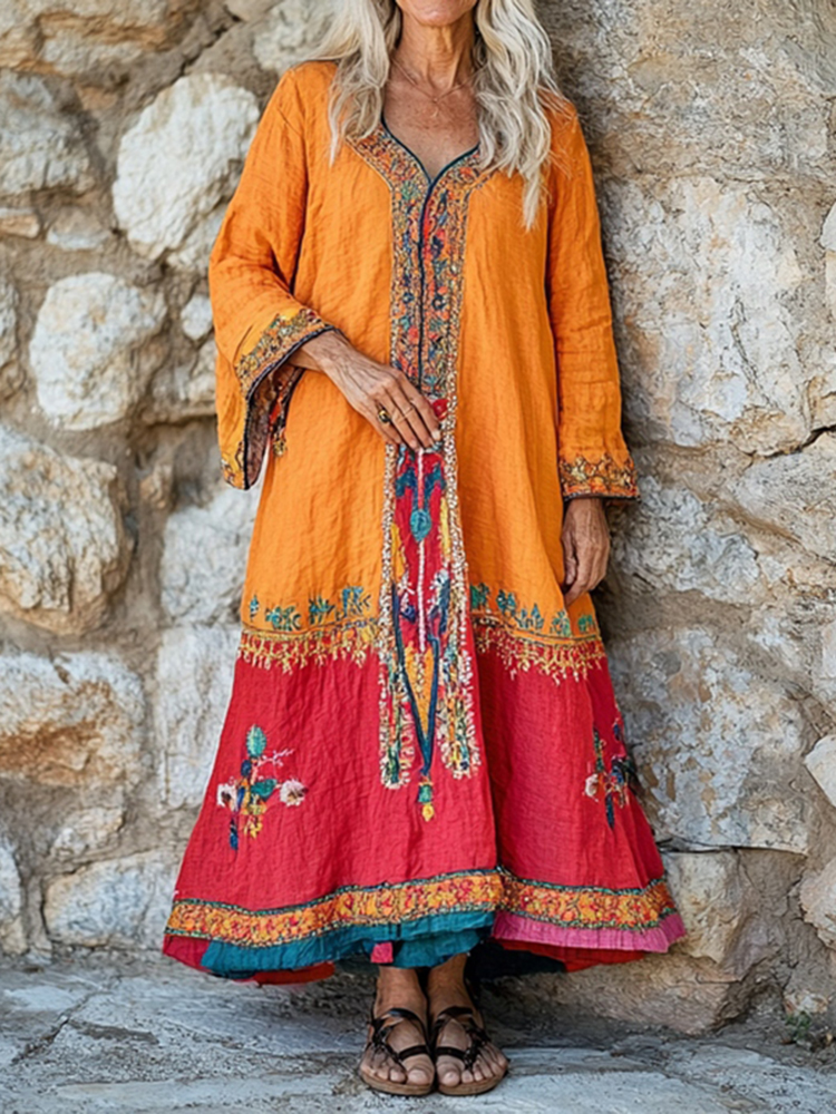 Women's Flower Embroidery Ethnic Print V-neck Loose Midi Dress